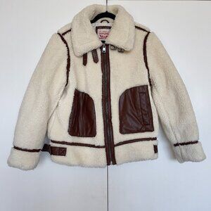Levi's | Cream sherpa fleece brown faux leather moto jacket coat | Size L
